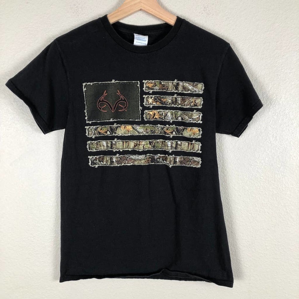 Delta Camo Shirt Black Camo US Flag Front Print Round Neck‎ Size Small